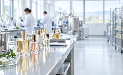 GMP laboratuvar ortamında cam parfüm şişeleri, IFRA ve güvenli üretim blog kapağı