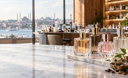 Lüks private label parfüm şişeleri mermer yüzey üzerinde, blog kapak görseli